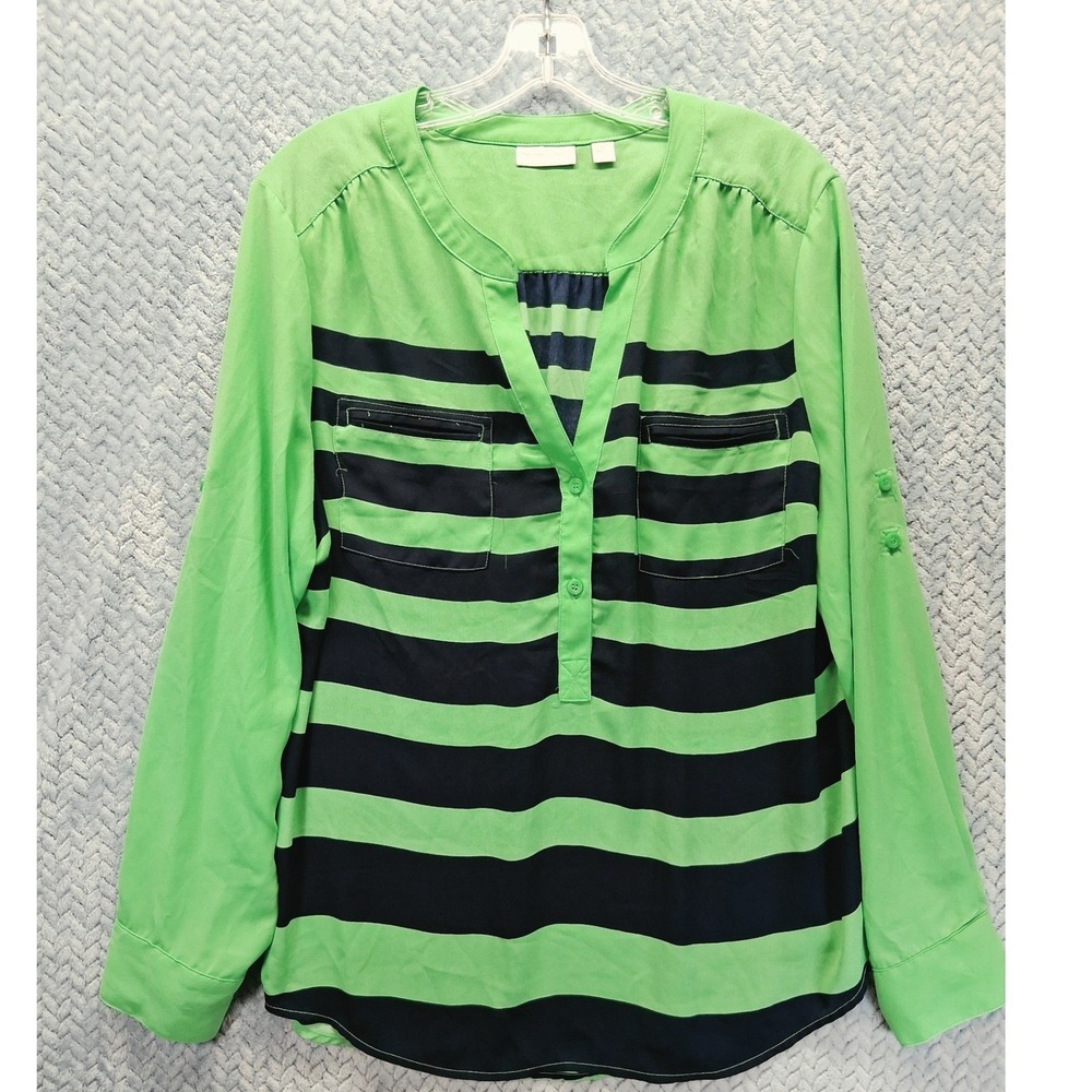 New York & Company Green Navy Striped V-Neck Roll Tab Sleeve Blouse XL